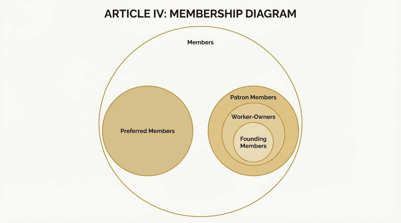 Membership diagram showing Members containing Preferred Members and Patron Members, with Patron Members containing Worker-Owners and Founding Members.